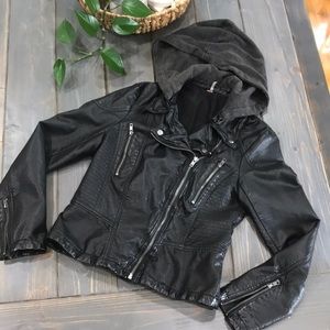 Free People Black Vegan Leather Hooded Moto Jacket